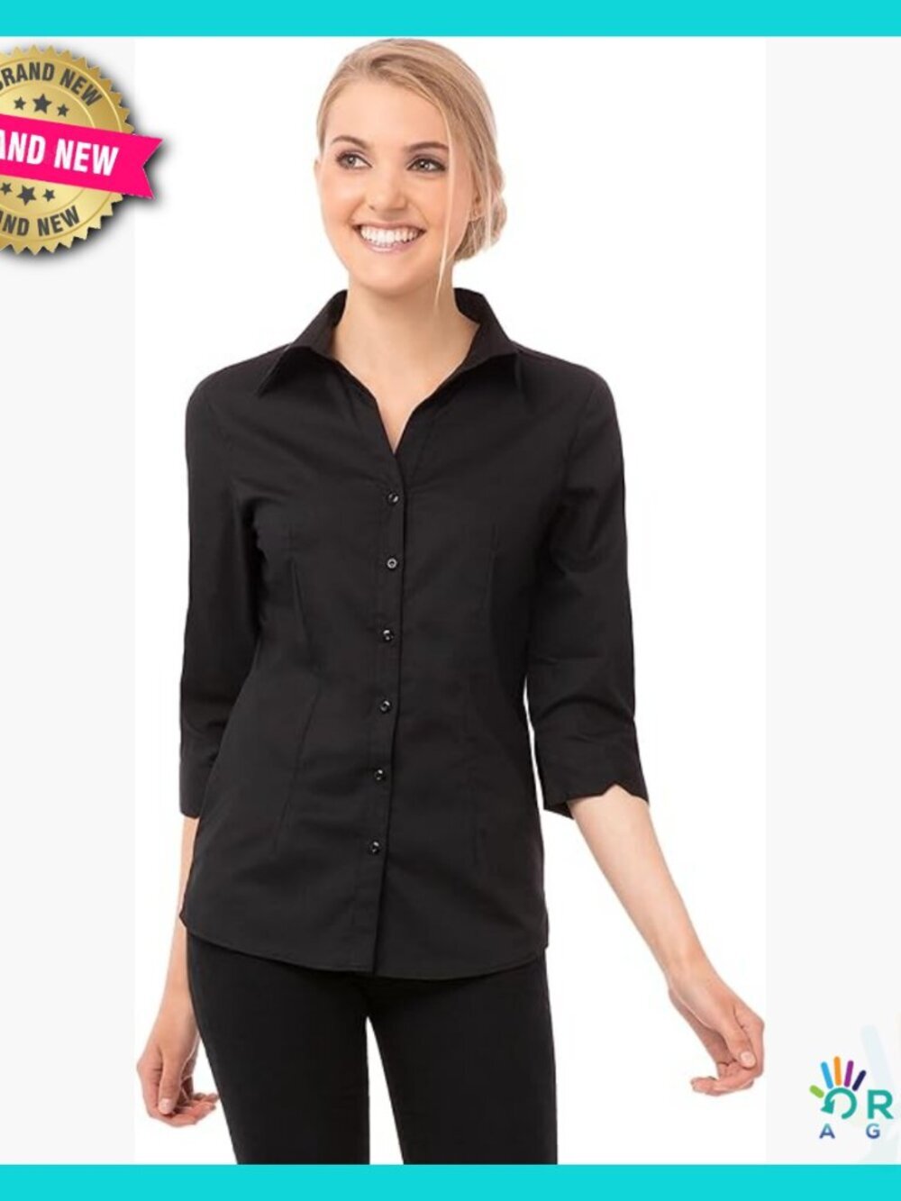 Fitted 3/4 Sleeve Blouse Professional Chic Culinary Tunic Button Down